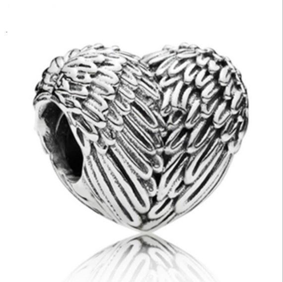 European Silver Plated Big Hole Charms Spacer Loose Beads Fit Pandora Bracelets 925 Jewelry Wings of an Angel for Sale Girls Mom Heart Shape