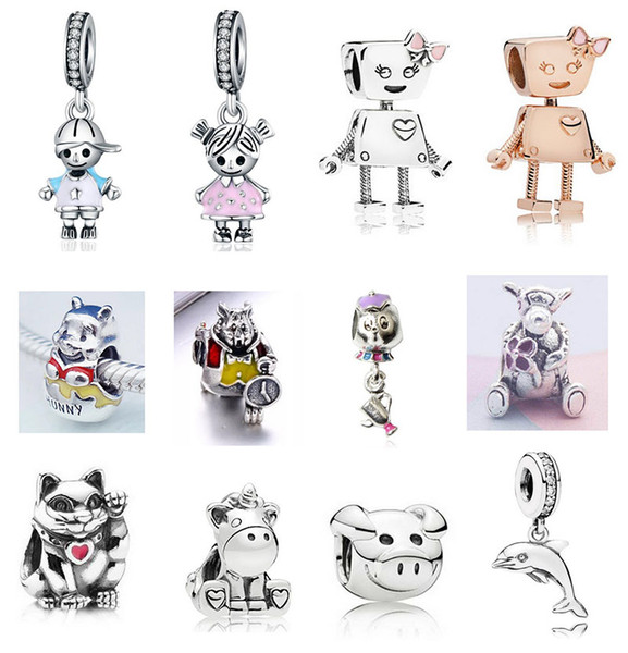 Fashion 20Pcs Unicorn Tiger Teapot Dolphin Bella Piglet Rabbit Charm Sterling Silver European Charms Bead Fit Pandora Bracelets DIY Jewelry