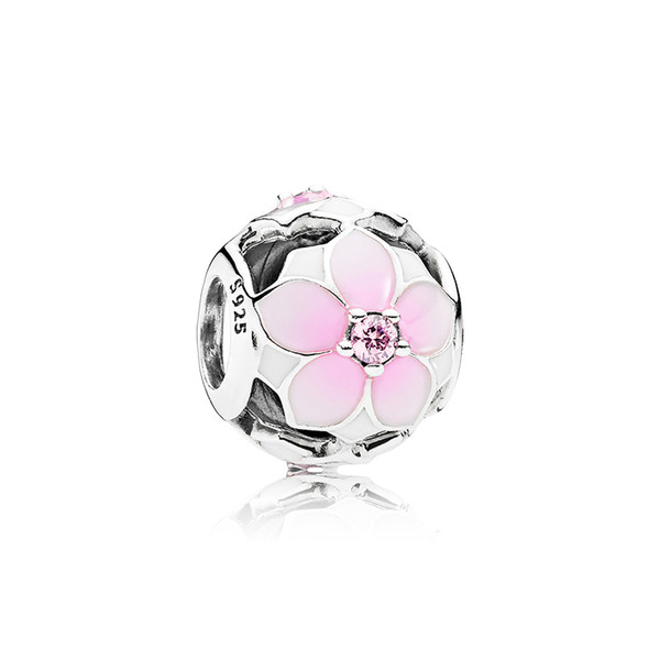 Wholesale Pink enamel flowers. Charm 925 Sterling Silver European Charms Beads Fit Pandora Snake Chain Bracelet DIY Jewelry