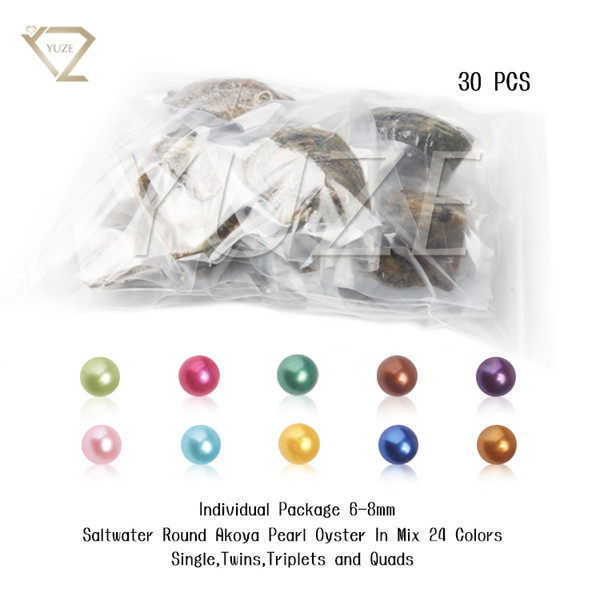 YUZE surprising pack 30pcs 6-8mm mix 24 colors round Akoya single,twins,triplets and quads pearls oysters individually wrap,birthday gift