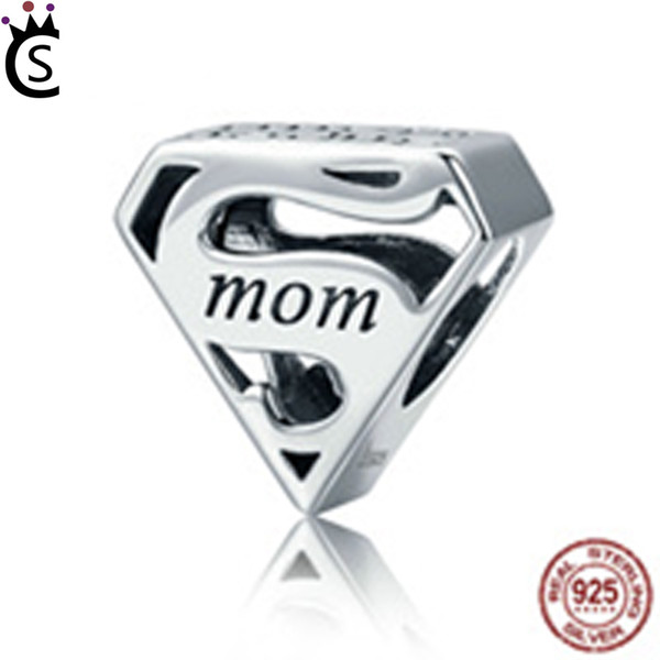 Authentic S925 Sterling Silver Super Mom Mother Engrave Beads fit Charm Bracelets & Bangles Jewelry Mother Gift Pandora style