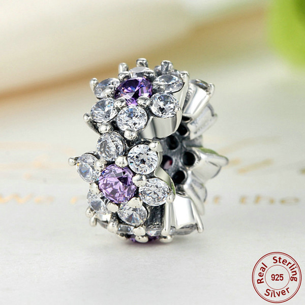 Forget Me Not Flower Spacers in Sterling Silver with Purple & Clear CZ for Pandora Style DIY Beaded Charm Bracelets S294