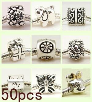 Jewellery Sterling 925 Silver beads charms For European Bracelet 50 pcs Mix Lot Wholesale