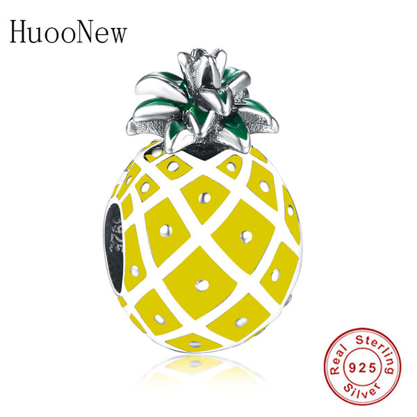 2018 Authentic 925 Sterling Silver Bead Yellow Pineapple Charm Fits Original Pandora Charms Bracelets DIY Ename Jewelry Making