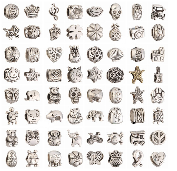 Mix 64 Styles Big Hole Loose Beads charm For DIY Jewelry Bracelet For European Bracelet&Necklace Retro Tibetan silver Beads for DIY