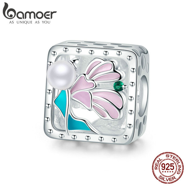 BAMOER Genuine 100% 925 Sterling Silver Enamel Flower Fairy Charm Square Beads fit Charm Bracelet Bangles Jewelry Making SCC827