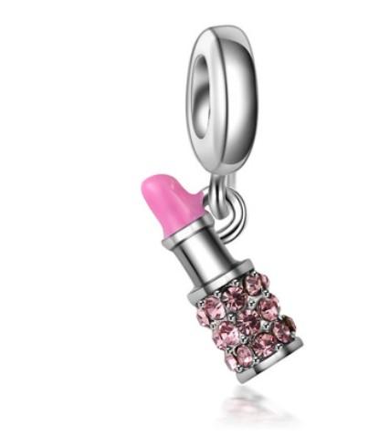 Wholesale 30pcs Lipstick Crystal & Silver Charm Beads Sweet Mother Sister Pendant Fit European Pandora Charms Sterling Bracelet & Necklace