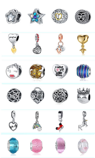 Wholesale 30Pcs Mixed theme 925 Sterling Silver Murano Glass Enamel Pendant Gold Charm Beads Fit Pandora Charms Bracelet Diy Jewelry Making