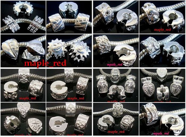 50pcs/Lot mixed Copper Base Silver plated Stopper Clip Charms for Jewelry Making DIY Beads for European Bracelet Wholesale in Bulk Low Price