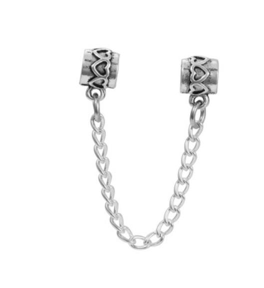 Fits Pandora Bracelets 30pc Heart & Flower Safety Chain Silver Charm Bead Charms For Wholesale Diy European Necklace Snake Chain Bracelet