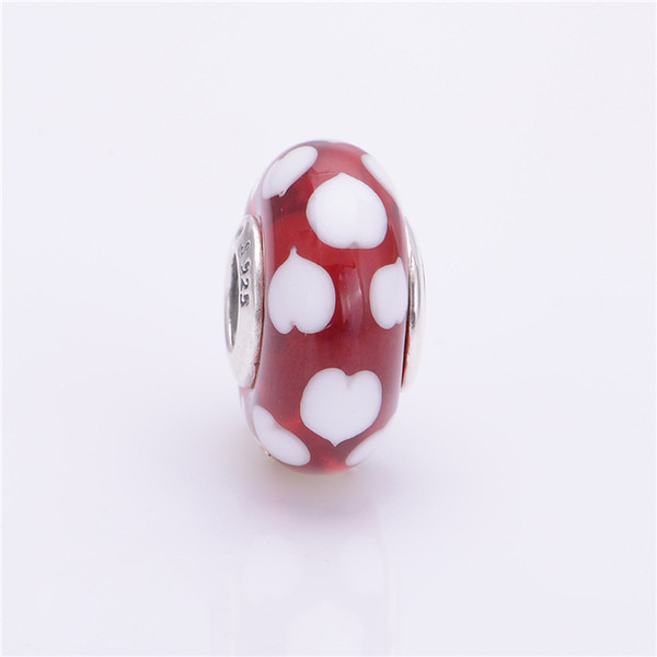 Red and white murano hearts S925 silver fits pandora style bracelets 790948 H8