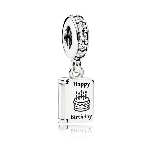 Authentic 925 Sterling Silver Bead Best Wishes Birthday Cake Hanging Dangle Charm fit Pandora Bracelet Bangle Clear CZ