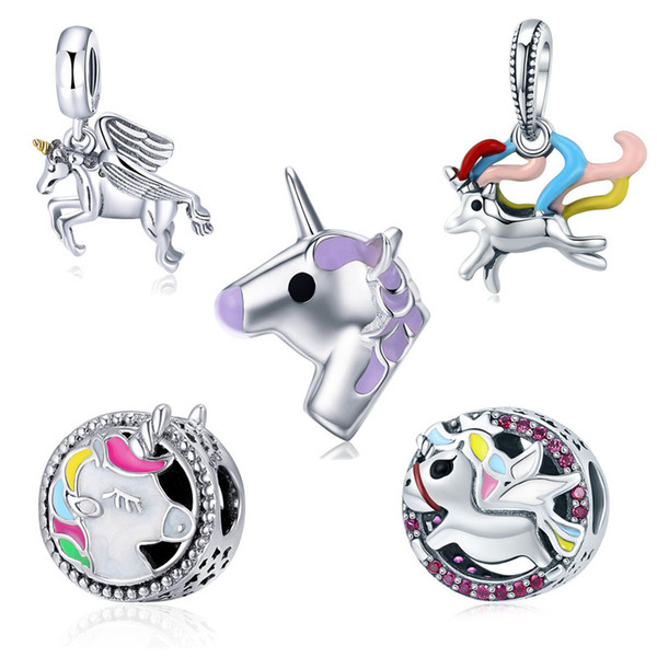 Pandora Style Colorful Unicorn Charms 925 Sterling Silver Amusement Merry-go-round Foal Beads fit Original Pandora Bracelet Jewelry