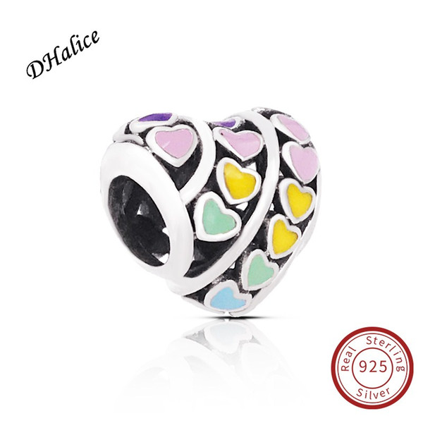 Multi-colour Hearts Charm Authentic 925 Sterling Silver Colored enamel charm Fits Snake Bracelets DIY Fine Jewelry 797019ENMX charm