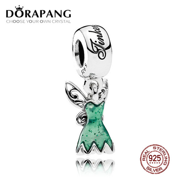 DORAPANG 100% 925 Sterling Silver Tinker Bell's Dress Dangle Charm Glittering Green Enamel Pendant Bead Bracelet DIY