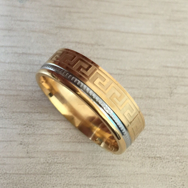 Luxury large wide 8mm 316 Titanium Steel 18K yellow gold plated greek key wedding band ring men women silver gold 2 tone