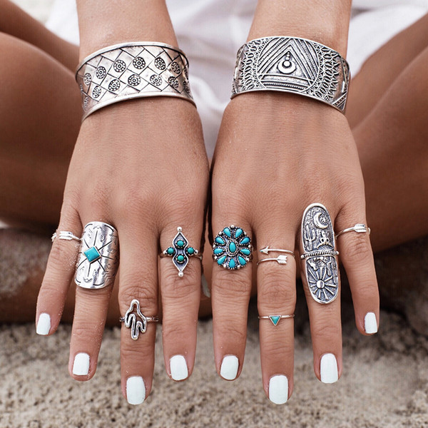 Vintage Geometric Carve Patterns Knuckle Rings Sets 9pcs/Set Boho Totem Design Midi Ring Inlay Turquoise Finger Wide Ring Jewelry Set