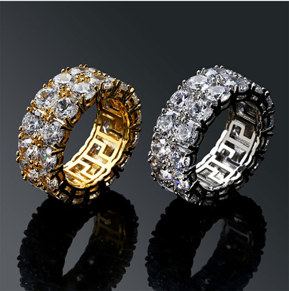 Mens 2 Row Iced Out 360 Eternity Gold Bling Rings Micro Pave Cubic Zirconia 18K Gold Plated Simulated Diamonds Hip hop Ring with gift box