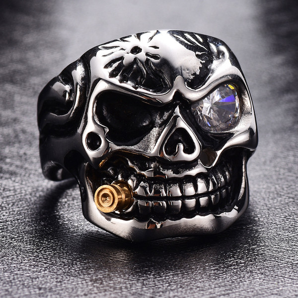 316LTitanium Steel Gold Smoking Biker Men's Rings Rock Punk Skull Ring Clear Zircon Eye Plating Rings Men Jewelry ring Size:7-13#