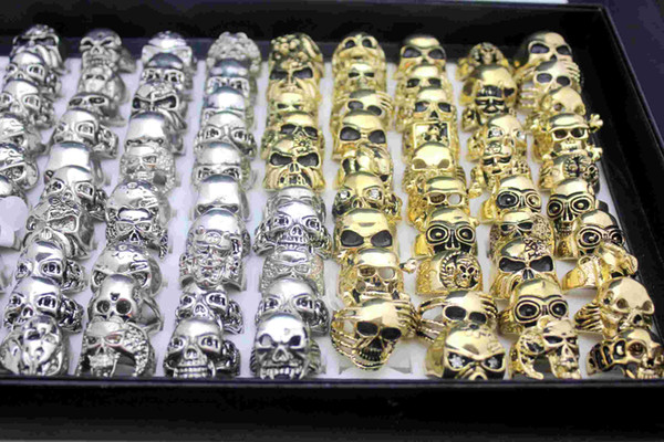 Newest 24pcs Vintage Skull Carved Biker Metal Ring Men Band Jewelry ring Gold/Silver Colors Size 7-11 Wholesale lots