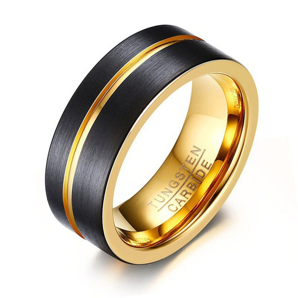 Mens Rings Black Tungsten Carbide Gold Groove Male Ring Wedding Engagement Band Trendy Jewelry