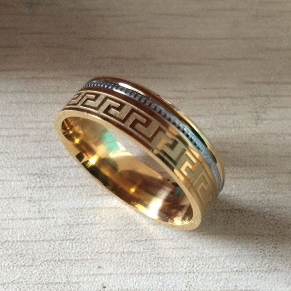 316L Stainless Steel Band Ring Engraved Greek Key Vintage Wedding lover's ring gold silver filled for men women