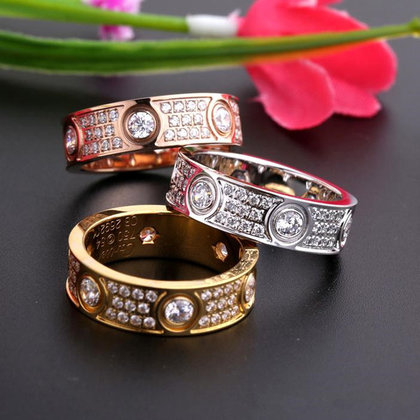 Fashion Love Rings Stainless Steel Rose Gold Couple Band Rings with Diamonds Silver 18K Gold Lovers Rings for Women Men Fine Jewelry