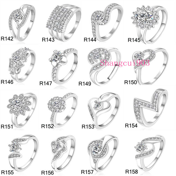 New High Qulity 23 Styles Mixed STYLES MIX SIZES 925 sterling Silver fashion charm Beautiful cute Crystal Stone Wedding ring jewelry