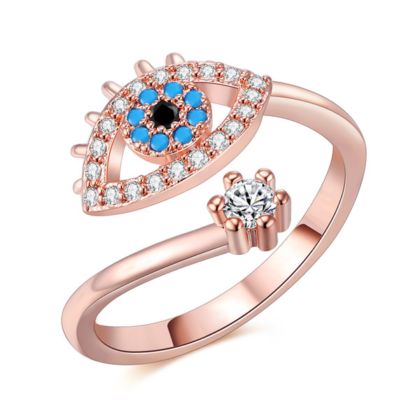 Adjustable Ring for Women Rose Gold color Blue Crystal Evil eye Wedding Jewelry Girls Party Bague Trendy Fashion Rings