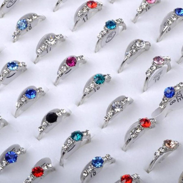 20Pcs/lot Wholesale Silver Plated Mixed Colorful CZ Crystal Women Rings Elegant Party Wedding Jewellery Bulks