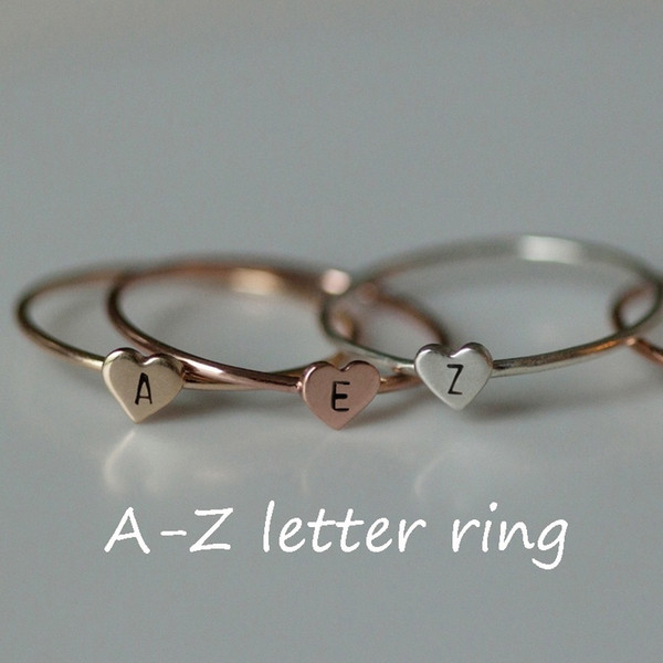 Simple Gold Heart Dainty Name Letters Pattern Rings Popular Gold/Silver Letter Carved Meaningful Initial Finger Ring Women Jewelry Gift