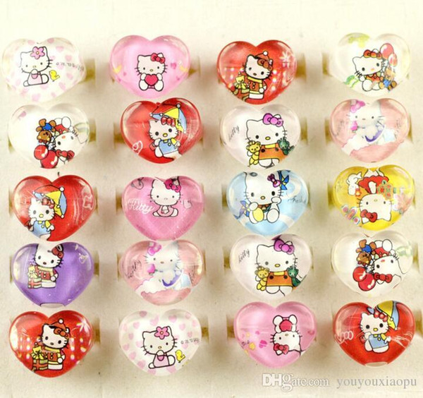 Wholesale lot 2017 New Wholesale Jewelry Lots Mix 100pcs Cute Resin Cartoon Girls Kids Hello Kitty Children Safe Rings R14