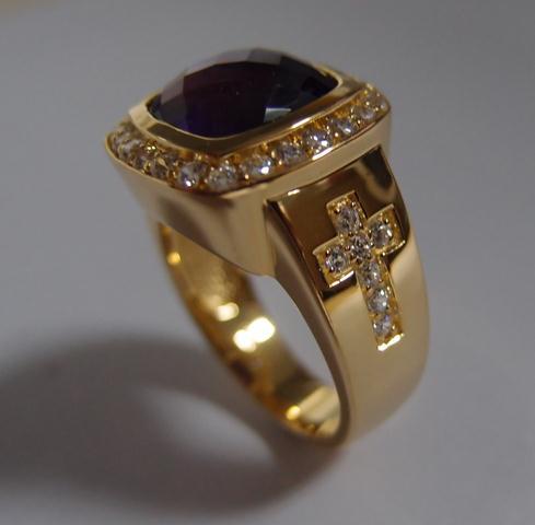 Custom Design 12mm*12mm Natural Amethyst Gemstone For Bishop Rings With Two Cross Ring