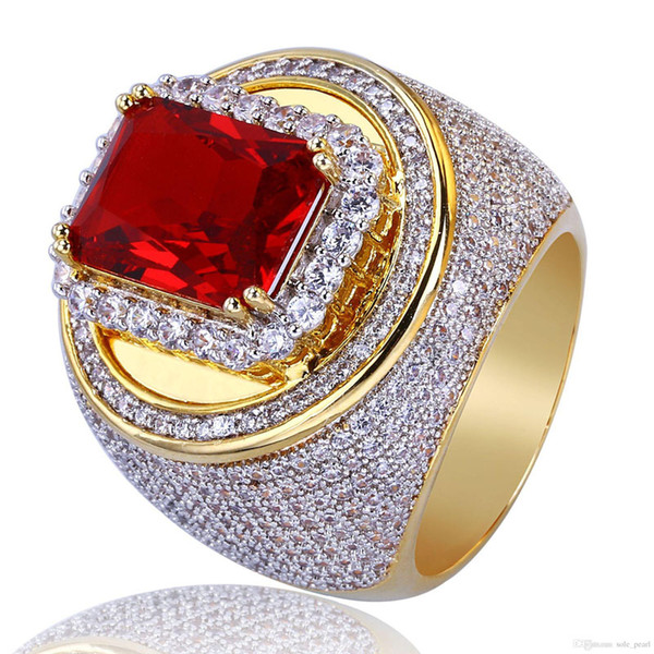 Luxury Gold Men's Rings Hip Hop Jewelry Ruby Zircon Iced Out Stainless Steel Rings Fashion Accessories