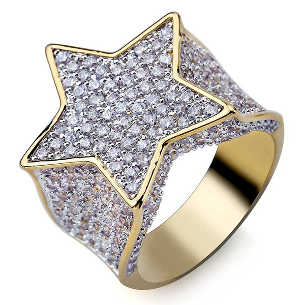 Men's Fashion Copper Gold Color Plated Ring Exaggerate High Quality Iced Out Cz Stone Star Shape Ring Jewelry Gift