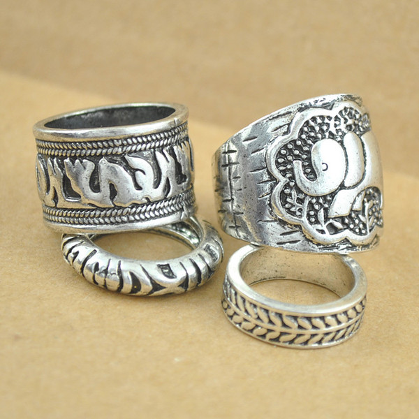 40PCS=10sets Vintage Punk Ring Set Unique Carved Antique Silver Elephant Totem Leaf Lucky Rings for Women Boho Beach Jewelry