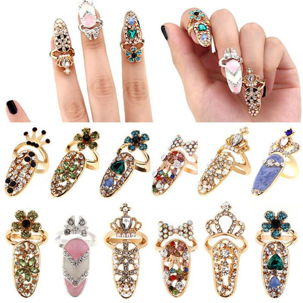 New Fashion Crystal Finger Rings Rhinestone Flower Crown Finger Nail Rings Cute Bowknot Nail Art Finger Ring for girls Beauty Jewelry