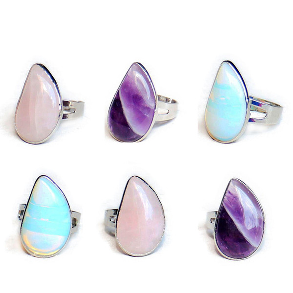 Fashion Natural Crystal Tear Waterdrop Stone Ring Quartz Healing Chakra Gemstone Rings Bohemia Opening Jewelry for Women