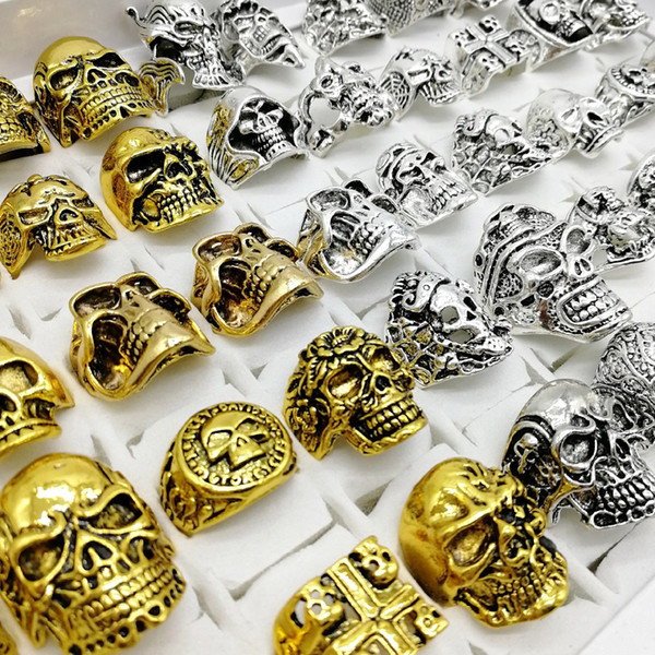 Fashion Punk Style 30pcs/lot Skull Rings Mix Silver Gold Skeleton Big Sizes Men's Women Metal Jewelry party Gift