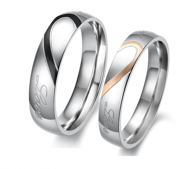 Fashion Jewelry 316L Stainless Steel Silver Half Heart Simple Circle Real Love Couple Ring Wedding Rings Engagement Rings Valentines Gift