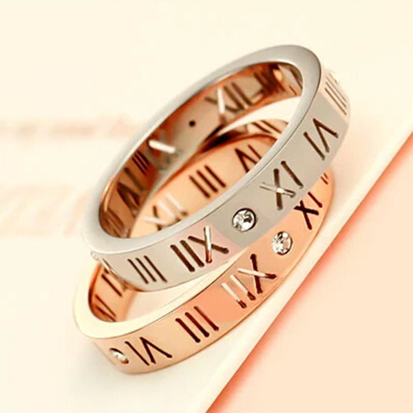 2017 Fashion Brand Rose Gold Color Titanium Steel crystal Hollow Roman Numerals Love ring women Gift