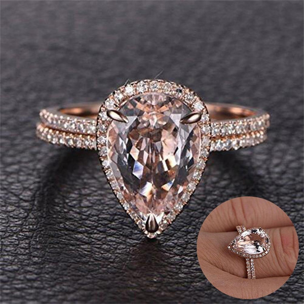 2PCs Women Rose Gold Rings Set Morganite Anniversary Proposal Clear Jewelry Birthday Party Engagement Wedding Band