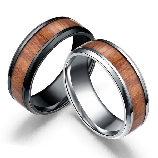 8MM Stainless steel Men's mosaic Wood grain Rings Titanium steel wooden Ring For women Men s Fashion Jewelry in Bulk