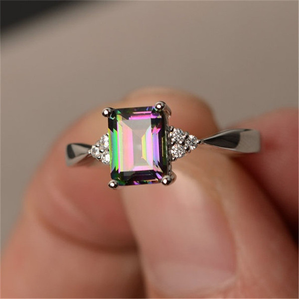 Exquisite Women's 925 Sterling Silver Ring Princess Cut Mystic Rainbow Topaz Engagement Diamond Jewelry Christmas Birthday Gift ring