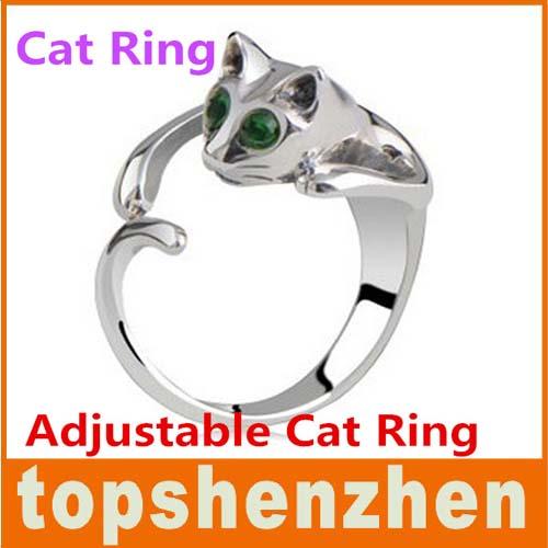 Adjustable Cat Ring Animal Fashion Ring With Rhinestone Eyes djustable and Resizeable Free Shipping