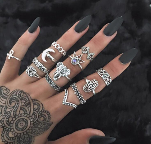 13 Pcs/1set Women Vintage Rings Fashion Lady Boho Jewelry Accessories Midi Finger Rings Charm Zircon Crown Moon Elephant aa433