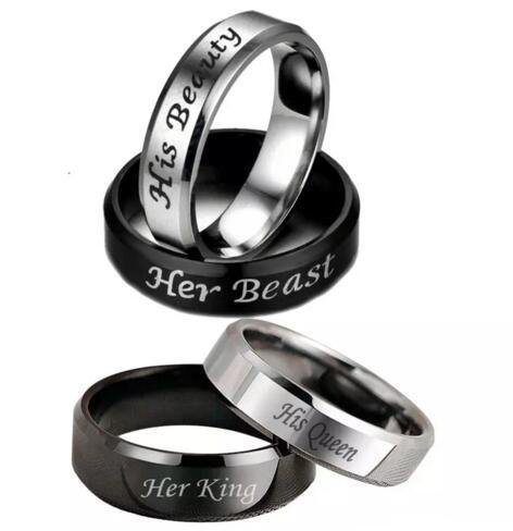 Stainless Steel Her King His Queen Ring Her Beast His Beauty Ring Silver Black Band Ring Couple Engagement Rings Lovers Rings 50 pcs