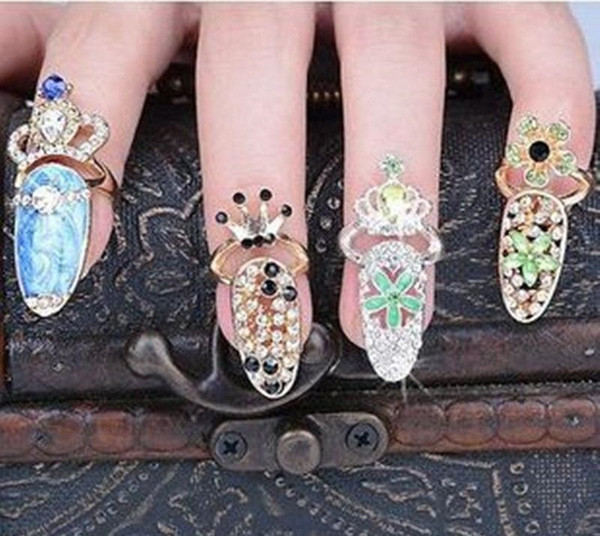 Hot Colorful Crown Crystal Finger Nail Art Ring Jewelry Nail Finger knuckle Rings tail ring Butterfly knot crown protect nail WCW186