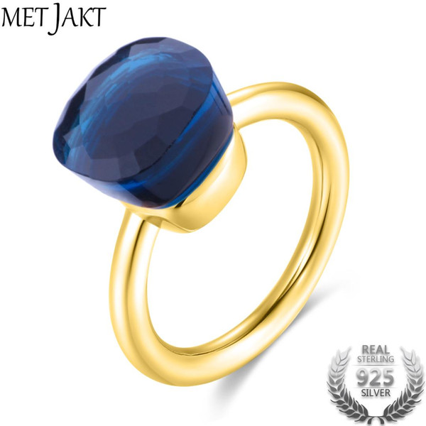 MetJakt Gold Color Blue Topaz Ring and Natural Agate Solid 925 Sterling Silver Rings for Women's Wedding Party Elegant Jewelry