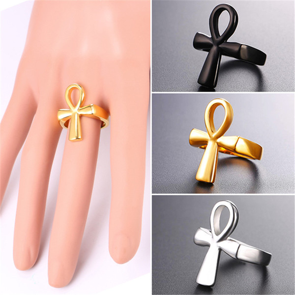 U7 Ankh Ring Ansata Cross Key of the Nile Stainless Steel/18K Gold/Black Gun Plated Ring For Men/Women Egyptian Jewelry GR2590